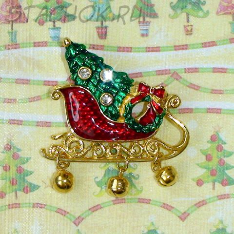 Брошь "Новогодние сани" цвет золота/эмаль (США)
