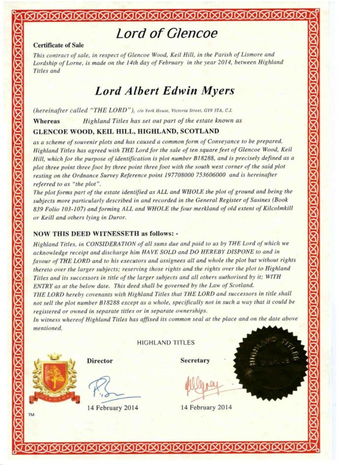 2 Титула Лорда или Леди и 2 квадратных фута земли в Шотландии (Glencoe) (только цифровые *PDF версии). 2 совместных участка.