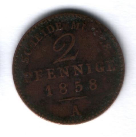 2 пфеннига 1858 г. Саксен-Веймар-Эйзенах, Германия