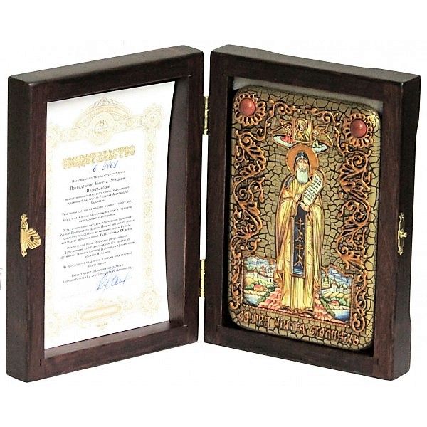 Инкрустированная настольная икона Преподобный Никита Столпник, Переславский чудотворец (10*15 см, Россия) на натуральном мореном дубе, в подарочной коробке