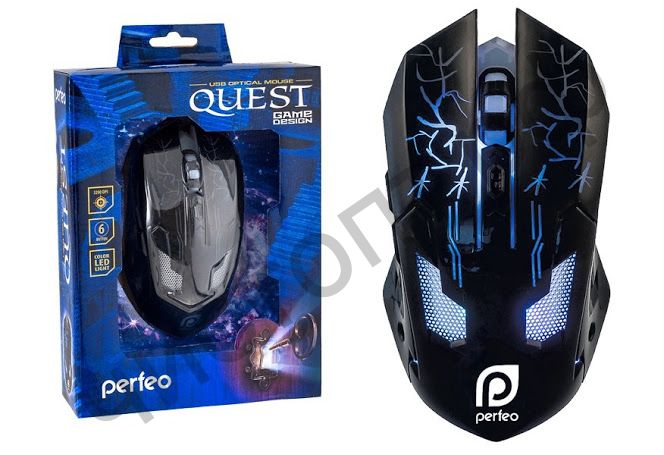 Мышь провод. игров. Perfeo QUEST, 6 кн, USB, чёрн, подсветка 6 цвет (PF-1712-GM)