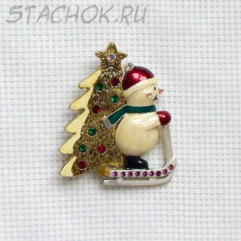 Брошь "Снеговик-лыжник"