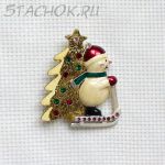 Брошь "Снеговик-лыжник"