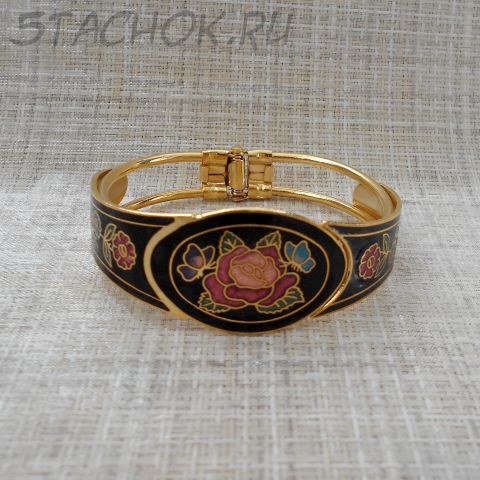 -10% Браслет "Цветы и бабочки на черном" клуазоне (Тайвань/Китай)