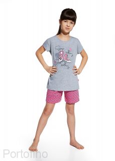 787-51 Пижама для девочки короткий рукав футболка серого цвета с молодежным рисунком и шорты в мелкие сердечки. Прекрасная пижама детская для девушек из хлопка. Красивый рисунок и современный дизайн от ведущего польского производителя Cornette