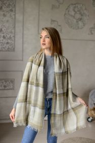 легкий тонкорунный широкий шарф , ультрамодный цвет Экрю ( клетка)  Kelp Merino Tartan 100% шерсть мериноса,   плотность 3