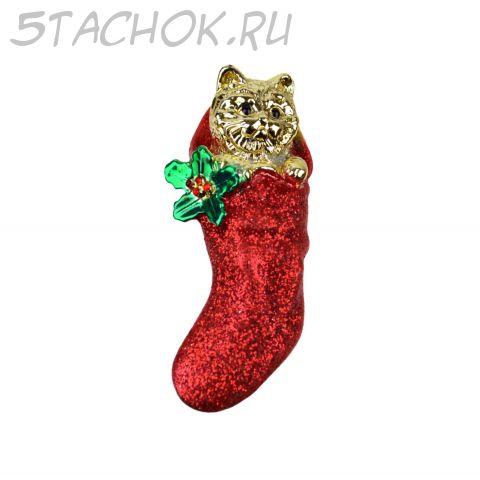 Брошь "Кошачий новогодний подарочек" под золото, блестки
