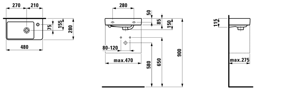 Раковина Laufen Pro S чаша слева 48х28 схема 3