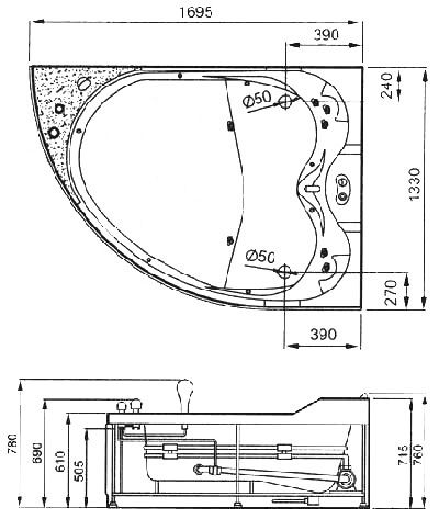 Ванна Gemy G9086 B R 170x133 схема 2