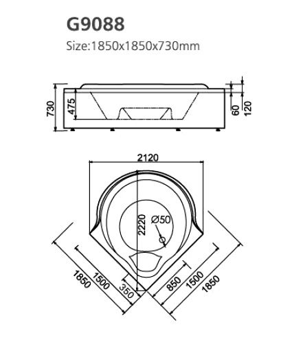 Большая акриловая ванна Gemy G9088 K 185x185 схема 4