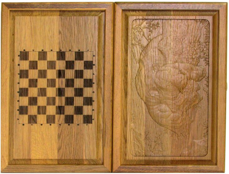 Резные объемные нарды+шашки дорожного размера из массива мореного дуба "Пантера"