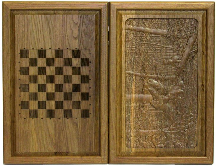 Резные объемные нарды+шашки дорожного размера из массива мореного дуба "Утро в сосновом лесу"