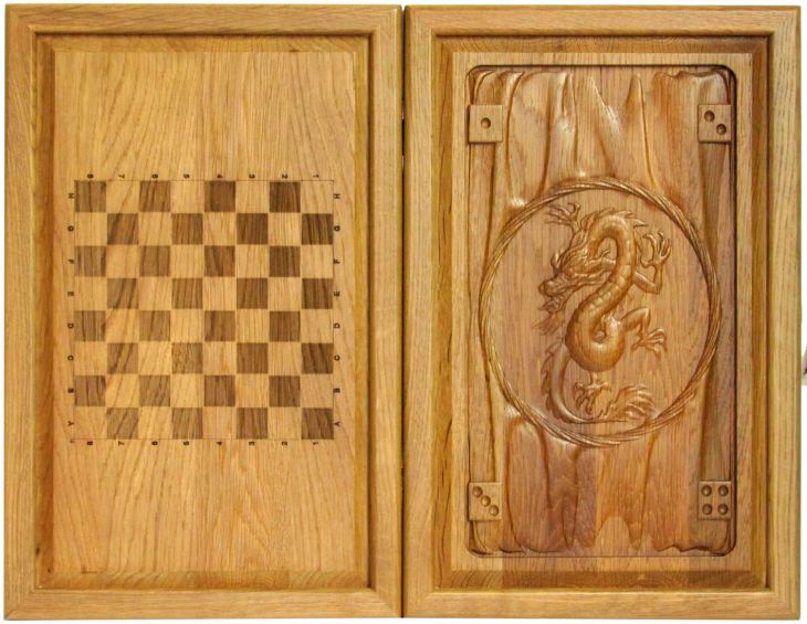Резные объемные нарды+шашки дорожного размера из массива мореного дуба "Дракон"