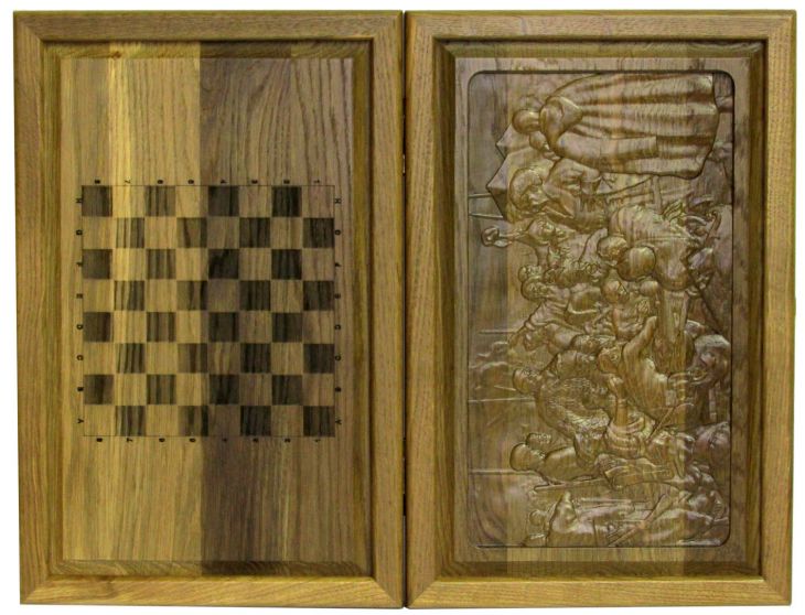 Резные объемные нарды+шашки дорожного размера из массива мореного дуба "Запорожцы пишут письмо турецкому султану"