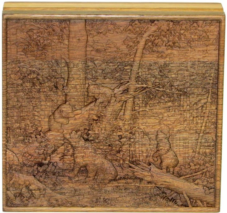 Шкатулка "Утро в сосновом лесу" из массива черного дуба 21x23 см