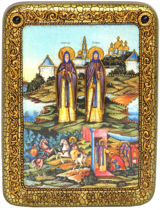 Подарочная икона "Святые преподобные Александр (Пересвет) и Андрей (Ослябя) Радонежские" на мореном дубе (15*20 см, Россия)