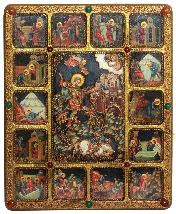 Большая подарочная икона "Чудо вмч. Димитрия Солунского о царе Калояне" с житийными клеймами на мореном дубе