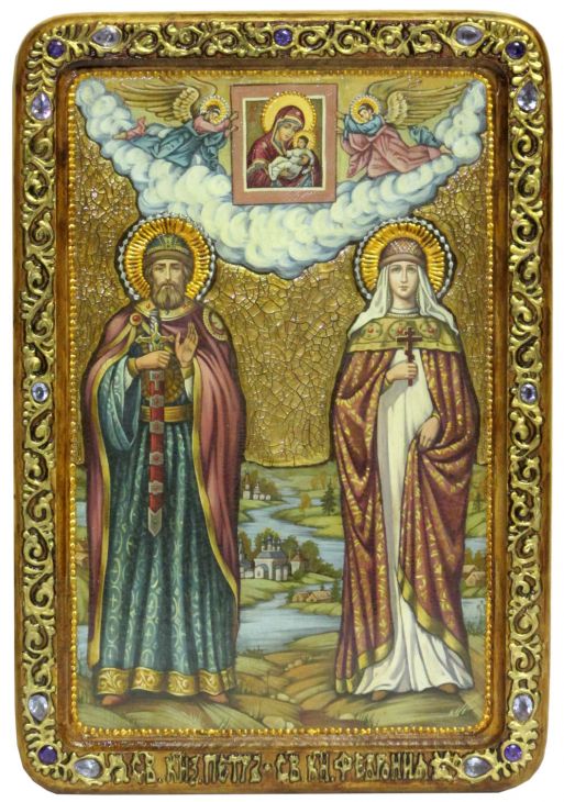 Инкрустированная живописная икона Петр и Февронья (29*42 см, Россия) на натуральном кипарисе в подарочной коробке