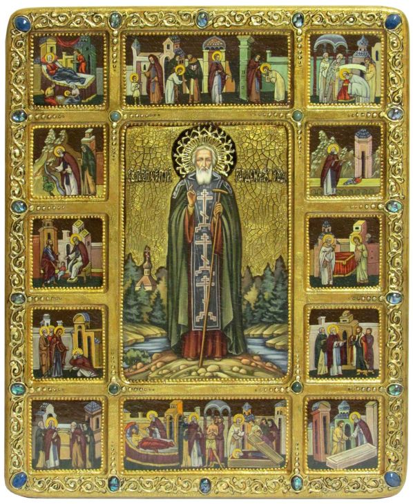 Инкрустированная живописная икона Преподобный Сергий Радонежский чудотворец (44*54 см, Россия) с житийными сценами на сакральном кипарисе
