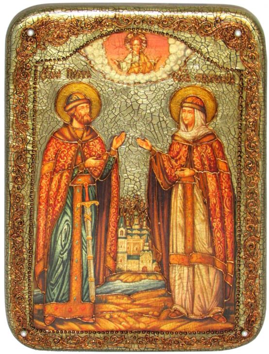 Подарочная икона "Петр и Февронья" на мореном дубе