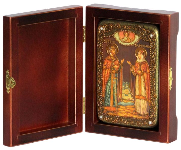 Инкрустированная настольная икона Петр и Февронья (10*15 см, Россия) на натуральном мореном дубе, в подарочной коробке