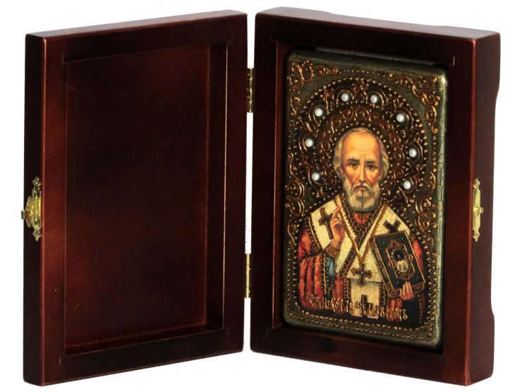 Инкрустированная икона Святитель Николай, архиепископ Мир Ликийский (Мирликийский) (10*15 см, Россия) на натуральном мореном дубе в подарочной коробке