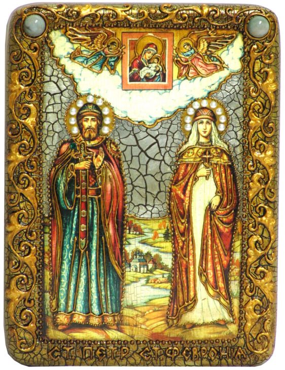 Инкрустированная подарочная икона "Петр и Февронья" (15*20 см, Россия) на натуральном мореном дубе в подарочной коробке