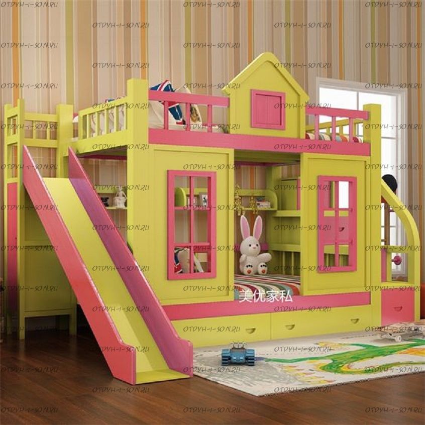 Кровать двухъярусная Домик Принцесса Терем №22 (с горкой)