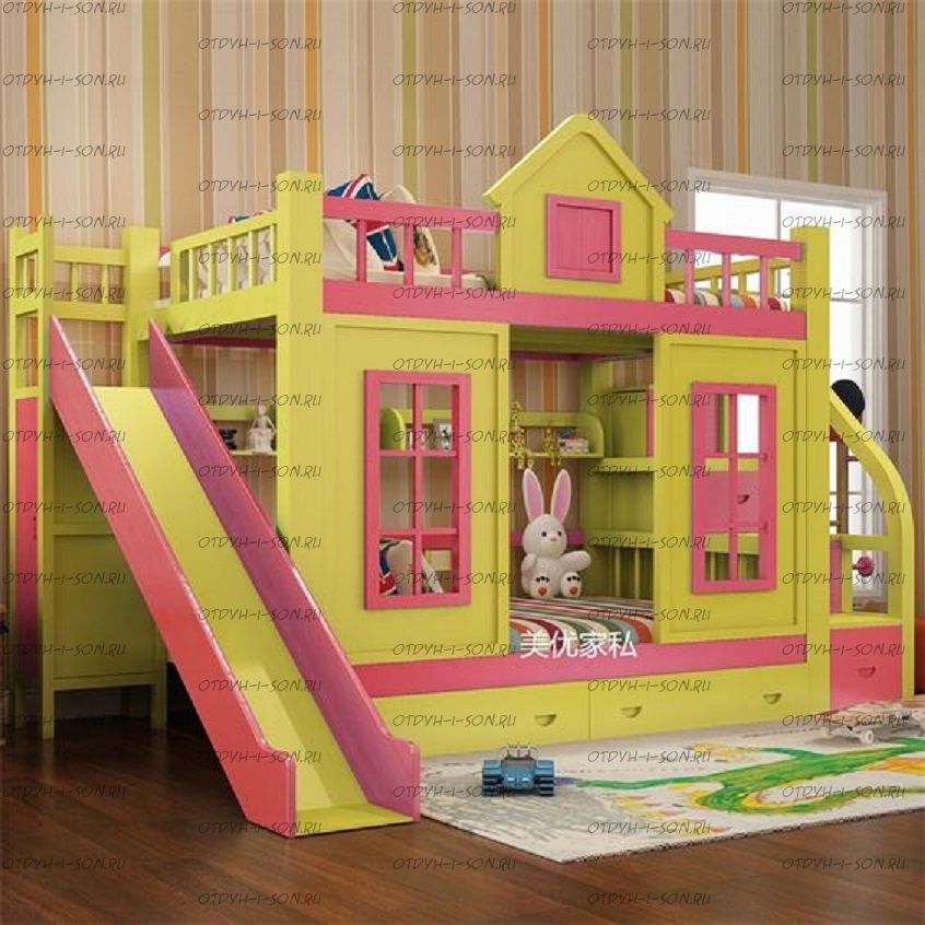 Кровать двухъярусная Домик Принцесса Терем №22 (с горкой)