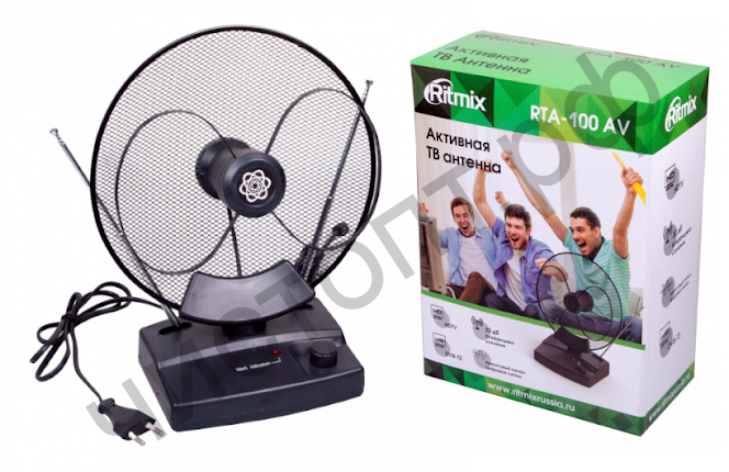 Антенна RITMIX RTA-100, комнат, актив. 32 дБ VHF:87.5-230 МГц ; UHF:470-862 МГц; FM:  87,5-108 МГц. Соп 75 Ом. Длина антенн: 5-60 см. кабел: 1 м.  кабел питан: 1,25 м. AC 220В