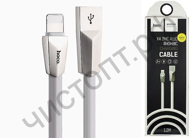 Кабель USB - Apple 8 pin HOCO X4 Zinc Alloy Rhombus, 1.2м, круглый, 2.1A, силикон, с металлическим наконечником, цвет: белый