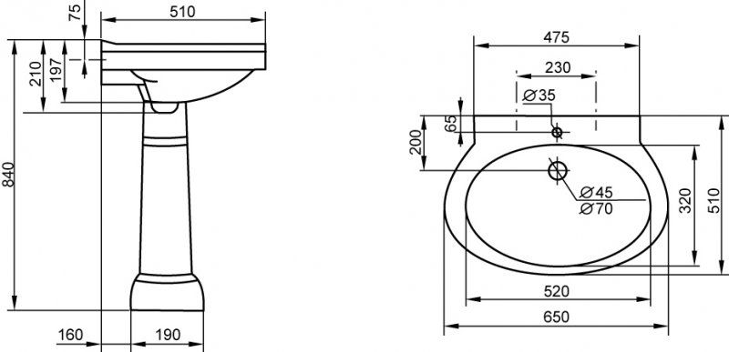 Раковина с пьедесталом Cezares Primo CZR-399-T 65х51 схема 2