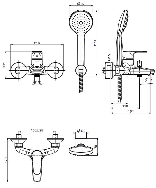 Смеситель для ванны Fima carlo frattini Serie 22 F3834 цвет хром схема 1