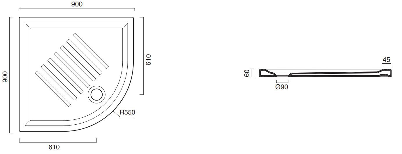 Полукруглый душевой поддон Catalano 19090AH600 90х90 схема 1