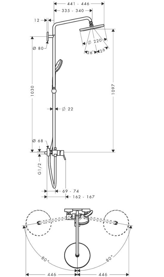 Душевая система с тропическим душем Hansgrohe Croma Showerpipe 220 1jet 27222000 ФОТО