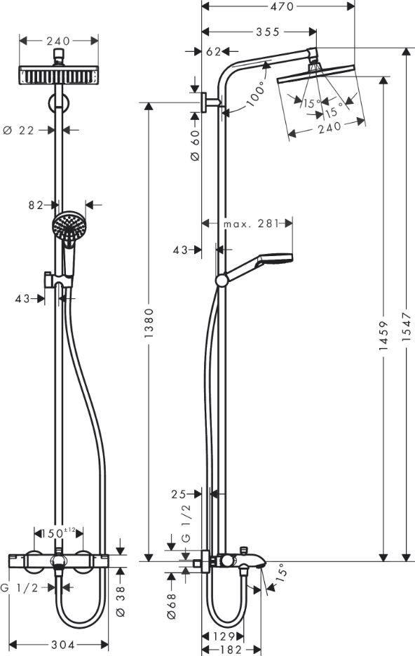 Душевая стойка с изливом Hansgrohe Crometta E Showerpipe 240 1jet 27298000 ФОТО