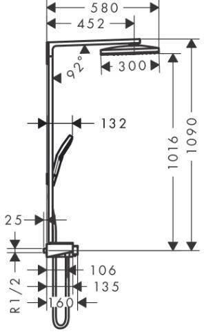 Душевая колонна с тропическим душем Hansgrohe Rainmaker Select Showerpipe 460 3jet 27106400 схема 3