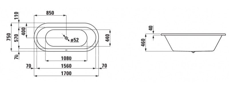 Laufen Laufen Solutions 2.2251. ванна 170 см 75 см схема 1