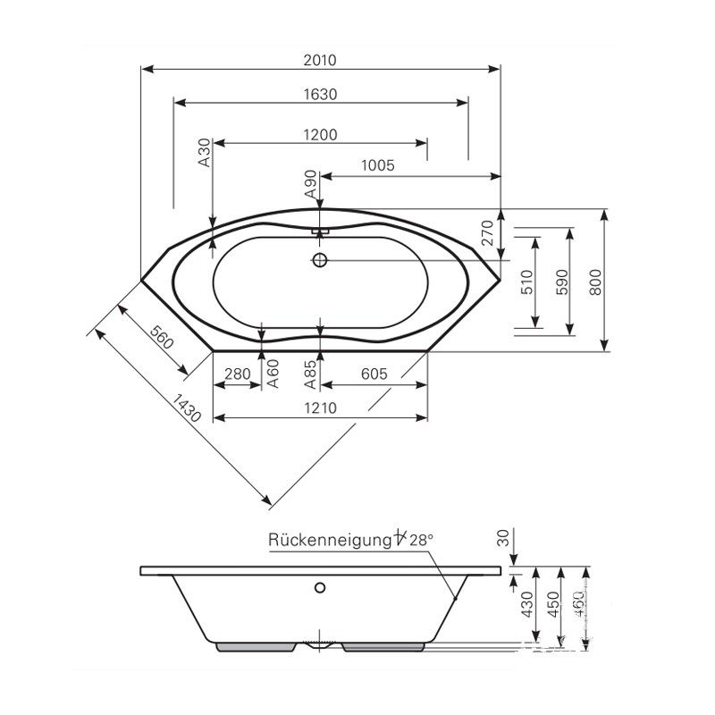 Ванна акриловая Mauersberger 1220100101 Arista 201x80 схема 1