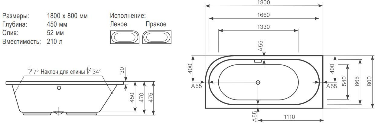 Ванна Mauersberger 1318001101 Primo 180x80 схема 1