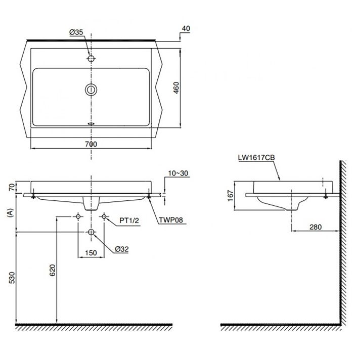 Раковина TOTO MH LW1617CB 70х46 схема 1