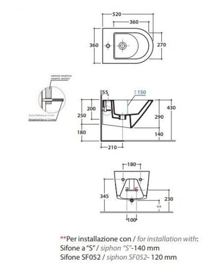 Подвесное биде Globo Forty3 FOS10 52х36 схема 1