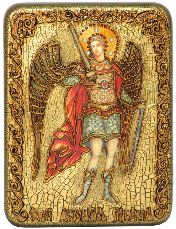 Инкрустированная настольная икона Архангел Михаил (15*20 см, Россия) на мореном дубе, в подарочной коробке