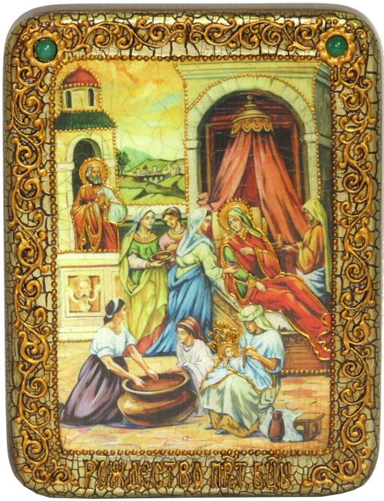 Инкрустированная настольная икона Рождество Пресвятой Богородицы (15*20 см, Россия) на мореном дубе, в подарочной коробке