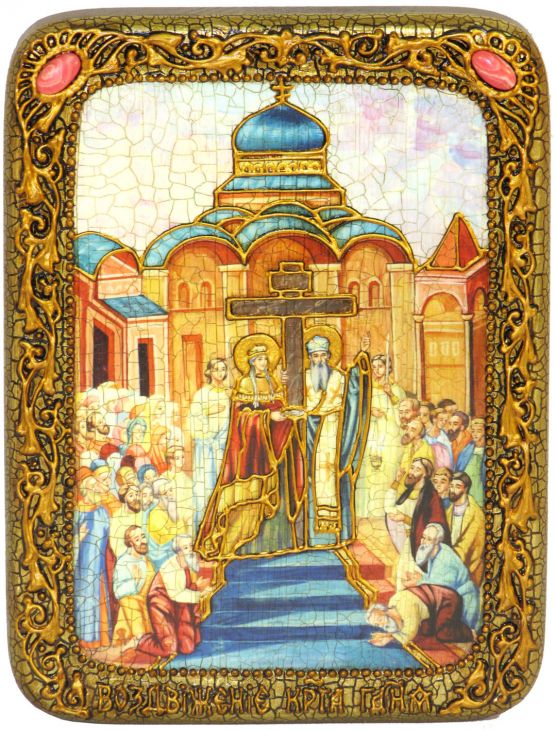 Инкрустированная настольная икона Воздвижение Святого Креста Господня (15*20 см, Россия) на мореном дубе, в подарочной коробке