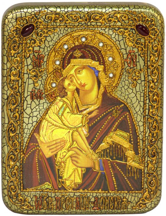 Инкрустированная настольная икона Донская икона Пресвятой Богородицы (15*20 см, Россия) на мореном дубе, в подарочной коробке