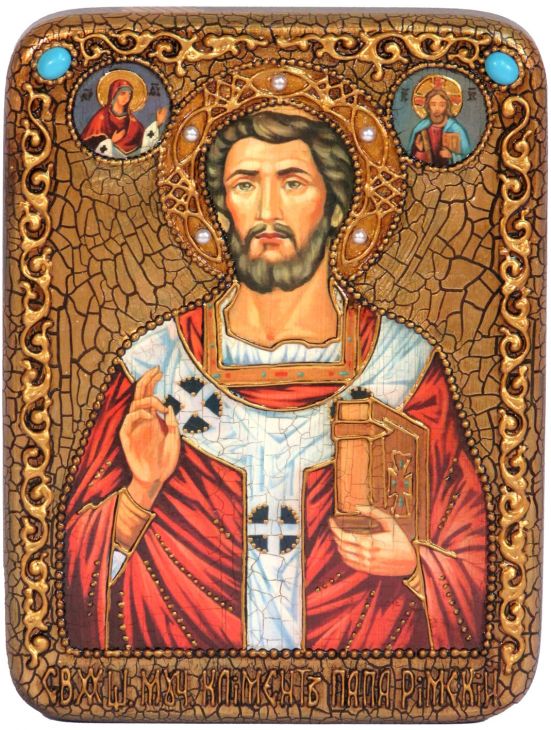 Инкрустированная настольная икона Священномученик Климент, папа Римский (15*20 см, Россия) на мореном дубе, в подарочной коробке