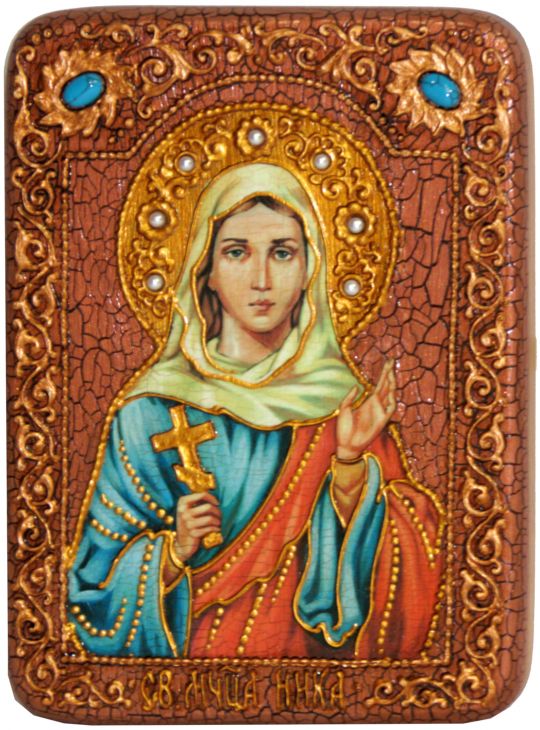 Инкрустированная настольная икона Святая мученица Ника Коринфская (15*20 см, Россия) на мореном дубе, в подарочной коробке