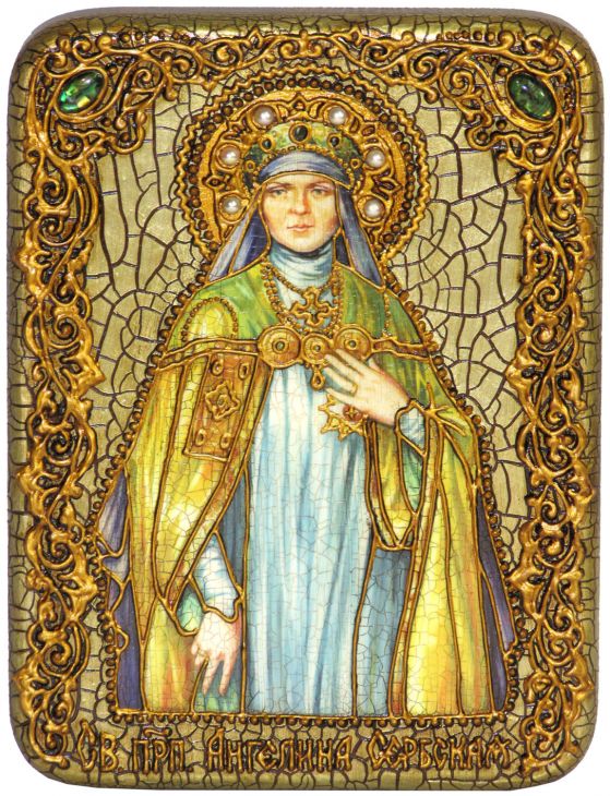 Инкрустированная настольная икона Святая преподобная Ангелина Сербская (15*20 см, Россия) на мореном дубе, в подарочной коробке