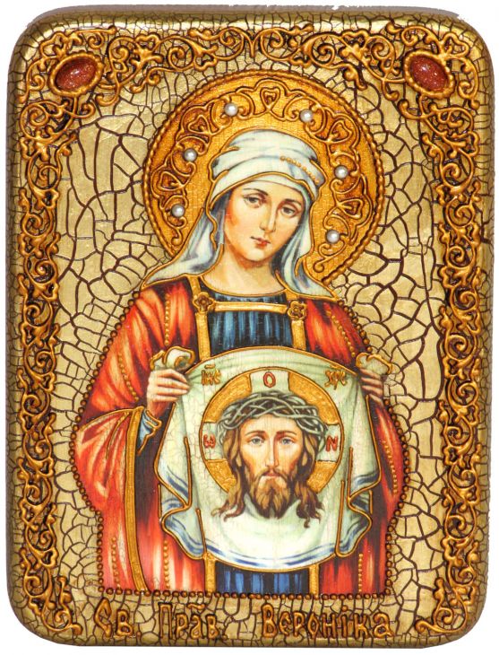 Инкрустированная настольная икона Святая Праведная Вероника Кровоточивая (15*20 см, Россия) на мореном дубе, в подарочной коробке